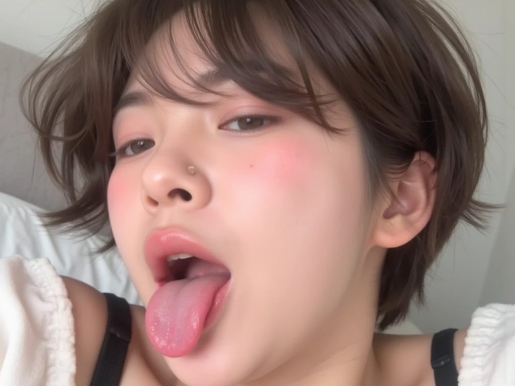 ((Highest quality, 8K, masterpiece: 1.3)),, Highly detailed face,、Focus your eyes, Nose and mouth,Face Focus, Woman with open mouth and closed eyes, Face Focusの接写、26 years old,Rino Sashihara、Realistic nostrils、Angle from below、Sweaty skin、Yogurt for glowing skinを強調する照明、Yogurt for glowing skin、Shiny skin、Big eyes、double eyelid、(My tongue is wet and shiny) ((Wet tongue)) ((Berokisu)),In a dark room,Shooting from the sky、Exposed nipples、((Small breasts))、No bra、belly button、Sweaty、blush:2.0、