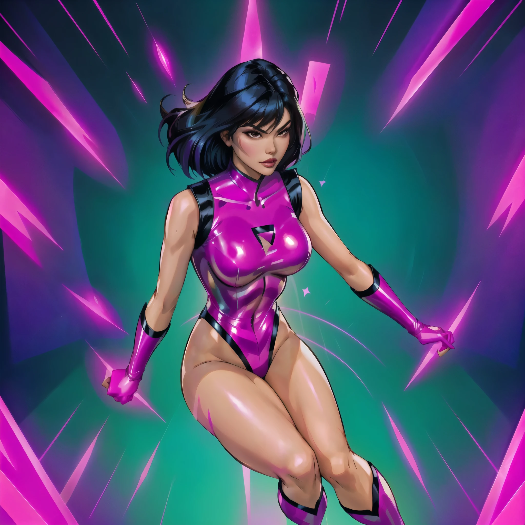 (solo) An asian female superhero with medium length black hair wearing a fuchsia latex costume with arms crossed passing through a pink shiny magic dimensional portal. Action pose. Comic book style. Thick inked outlines 