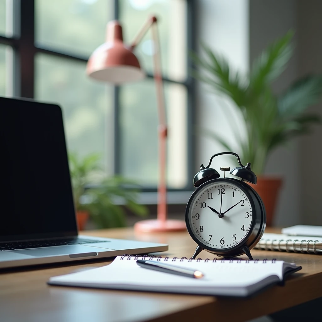 Empty place on desktop left side , in background Create a professional and inspiring background image for a book cover titled 'Time Management' from 'The Brian Tracy Success Library'. The design should symbolize effective time management and productivity. The image should feature an elegant desk with a clock, open notebooks, and a laptop, surrounded by symbols of organization and progress, such as a calendar, pen, and papers neatly arranged. The lighting should be soft and warm, evoking a sense of focus, discipline, and motivation. The background should include subtle geometric shapes or a gradient that represents efficiency and forward-thinking. The atmosphere should be calm, clean, and modern, reflecting a professional mindset focused on success."