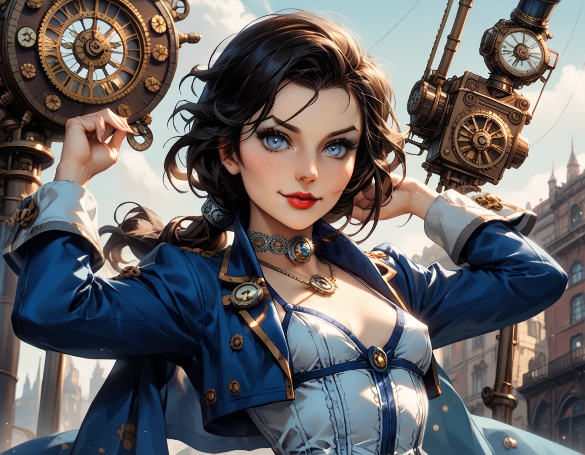 1woman, ((solo)), Elizabeth Comstock from "Bioshock Infinite", dark hair, (long loose hair gathered in a low ponytail), pale skin, blue eyes, red lips, light smile, (small breasts), erect nipples;; (cameo choker necklace), (wearing a blue bolero 3/4 cropped jacket:1.27), micro bikini top under jacket, (wearing a long blue a-line dress:1.42), (high front slit in dress:1.32), opaque pantyhose, heeled boots;; (cropped at knees:1.37), contrapposto stance, (dancing poses:1.27);; (steampunk setting and elements:1.47),on the street of an art deco city;; ELIZABETH2 