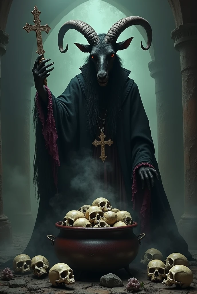 Baphomet skull on top of pentagram alter, blood from mouth, dramatic background,, gothic, dark fantasy, occult, dramatic lighting, cinematic, chiaroscuro, moody atmosphere, high contrast, intricate details, masterpiece, photorealistic, 8k, best quality