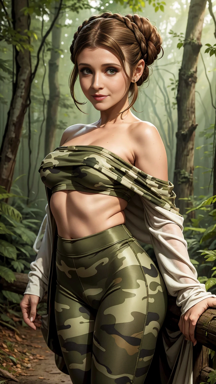 highres,girl,gorgeous tomboy duidess,leaf clothes,leaves in hair,detailed eyes,detailed lips,strong pose,natural lighting,vibrant colors,forest background,soft and warm tones,portrait style,fine brushstrokes,photorealistic