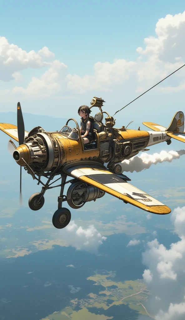  steampunk、Wide View、Flying in the sky、((( dragonfly flying with steam engine、 hardened plastic canopy、Extremely simple construction、Internal combustion engine、water vapor、Small single-seater airplane :1.7、 very smooth fuselage、Flapter )))、 girl sitting in cockpit 、Canopy with good visibility 、 girl sitting in cockpit 、goggles、