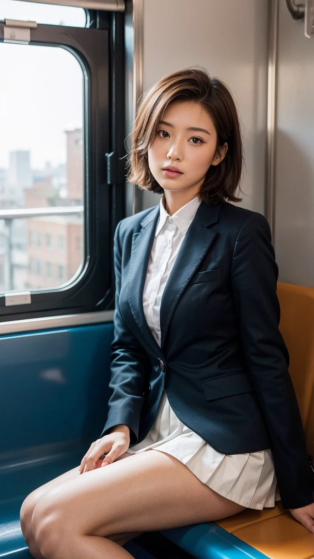  Short Red Hair,    cute face,  super realistic,  photorealistic depiction of a Japanese high school girl sitting in a train seat. She is wearing traditional school clothes,   including a navy blue blazer  ,  white shirt,  pleated skirt,   and a properly tied ribbon or ribbon  .   her dark hair is simply  ,   and she has a thoughtful look  .   her thighs look prominent  ,  fair with metal railings  , smooth,   and blurry 、Slightly enhanced with realistic lighting and texture .   the inside of the train is modern and clean  ,  ,   overhead ad  ,   sitting in a train seat with soft natural light that creates a realistic and authentic atmosphere .  In the background、 A faint glimpse of an urban cityscape from a window  ,  Buildings and trees々It moves  .