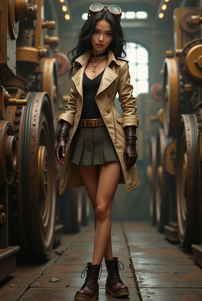 score_9, score_8_up, score_7_up, score_6_up, photo, realism, photorealistic, Industrial steampunk mechanic girl, perfectly detailed face, (hat:0.8), goggles, steampunk beige leather double breasted jacket, beige tweed fabric pleated skirt, (leather laced boots:0.8), intricately detailed brass accessories. Masterpiece, illustrated, highly detailed, industrial background, retro-futuristic,