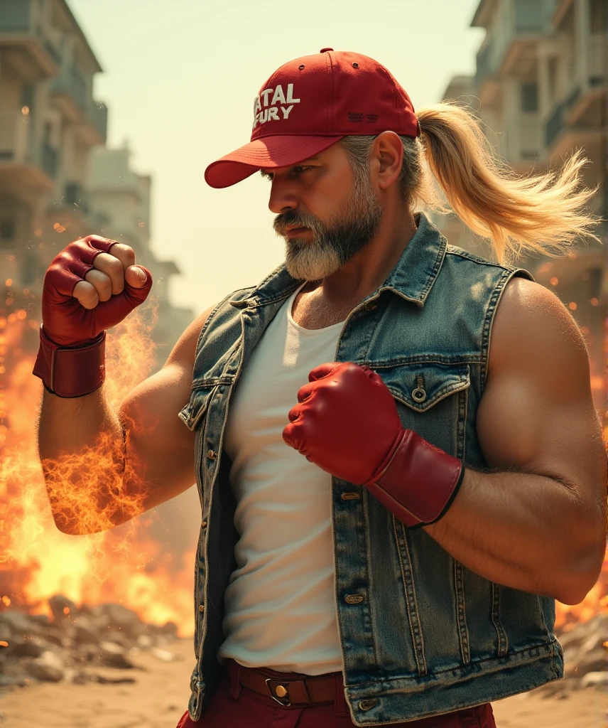  A hyperrealistic image of a man inspired by Terry Bogard from The King of Fighters ,  captured on a medium plane showing his upper body in a moment full of action .  His face is manly and charismatic , with a strong chin,  marked cheekbones and a bold expression full of determination .  His blond hair ,  long and tied in a ponytail ,  he moves slightly as if he were in the middle of a gust of wind .

 He wears his iconic red cap with the phrase  "fatal fury" blank, combined with a sleeveless denim jacket that reveals her muscular arms and a tight white t-shirt.  His look is completed with red leather gloves worn by combat .

 The background is a burning urban sand ,  with buildings collapsing and sparks flying in the air . Terry is in a powerful pose ,  with a fist wrapped in an aura of bright orange energy as he prepares his attack  "Power Geyser".  The lighting is dramatic ,  with warm reflections of the flames that accentuate each detail of his clothes and skin ,  capturing the intensity and passion of this legendary fighter in full combat .