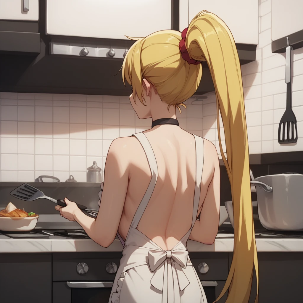 seika ijichi, black choker, simple apron, housewife, cooking, back view, long ponytail