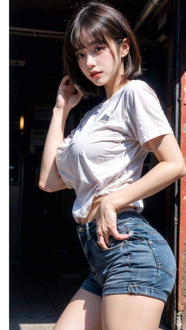 Back view, fitted cropped t-shirts with text printed, in balcony, skyscraper background,