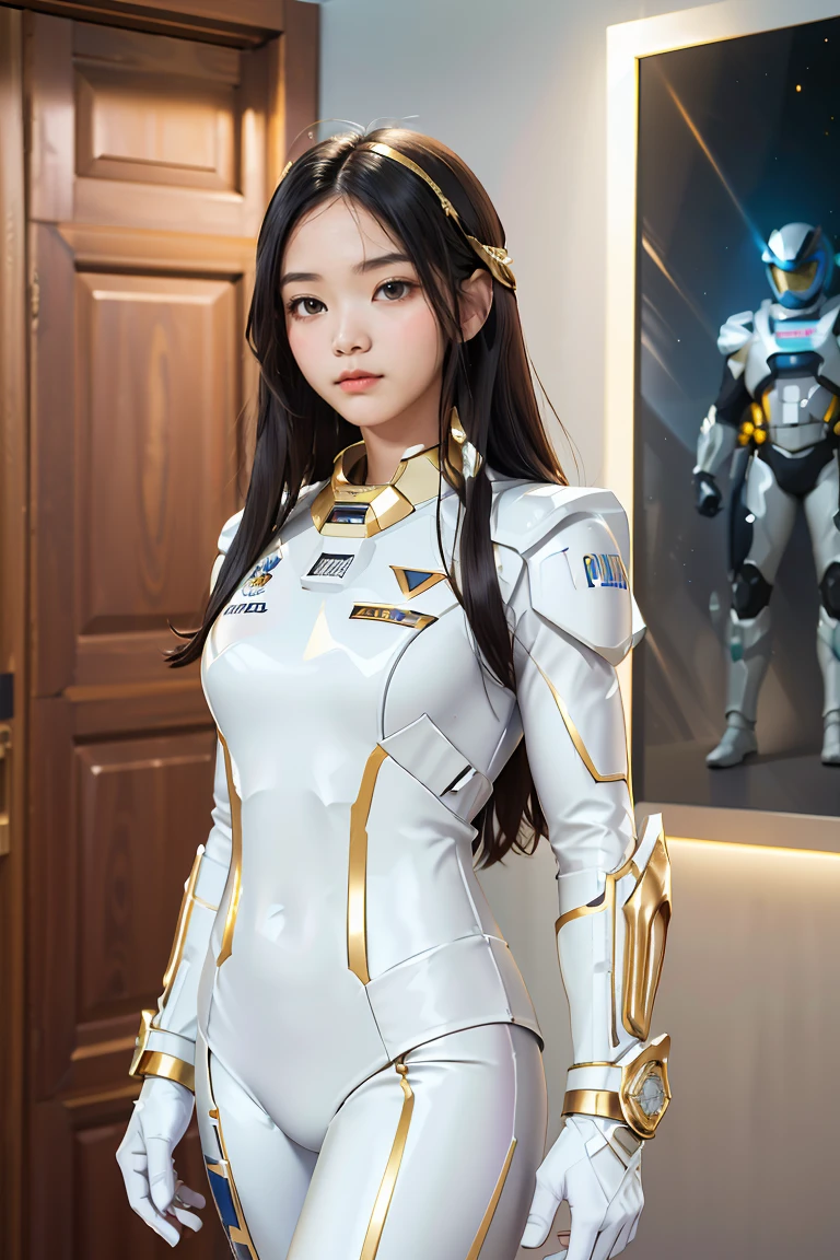 ((masterpiece, best quality, extremely detailed), volumetric lighting, ambient occlusion, colorful, glowing), 
1girl, solo, young girl, (dark hair), long hair, halo, aura, sacred, goddess, cleric suit, (white outfit with gold detailst:1.3), armor,
outdoors, sunset, sky, clouds, space, (fantasy theme:1.2),ม 1girl, full body, Illustration, cinematic light, high resolution, best quality, ultra-detailed, masterpiece, power suit, powerranger, suit, spd, (Silver and Gold chest plate), white and gold detail, (((white suit))), ((police theme:1.2))
