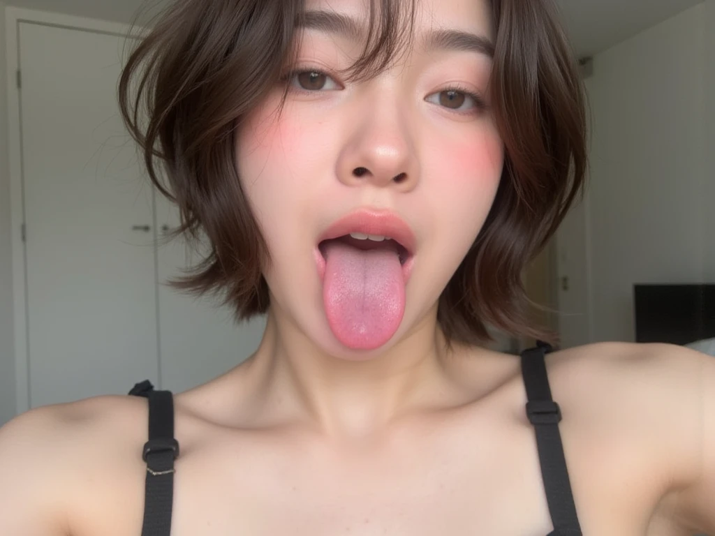 4K、Realistic depiction、beautiful image quality、look at me, look at viewer, Korean、beautiful girl、16-year-old、Female university student、mouth、Baby Face、Mainly draw the mouth large.、((mouth as the main part of the screen)).、Look Up、(((Wide open mouth)))、tongue out、Short tongue、((Get your tongue out of your mouth))、((You can see inside the mouth、Please open your mouth and show me your throat))、Throat is visible、((You can see inside the mouth))、Slimy tongue、Plenty of saliva、beautiful tongue、Dirty tongue、Smelly tongue、Short Hair, ((Eyes close)),Eye close. ((Open mouth and see throat hole))
((Wearing black bra))..  (((one eye close))) ((( lay down on bed )))

sexy dress, medium chest,slim, open chest, nipples shown out of the dress.