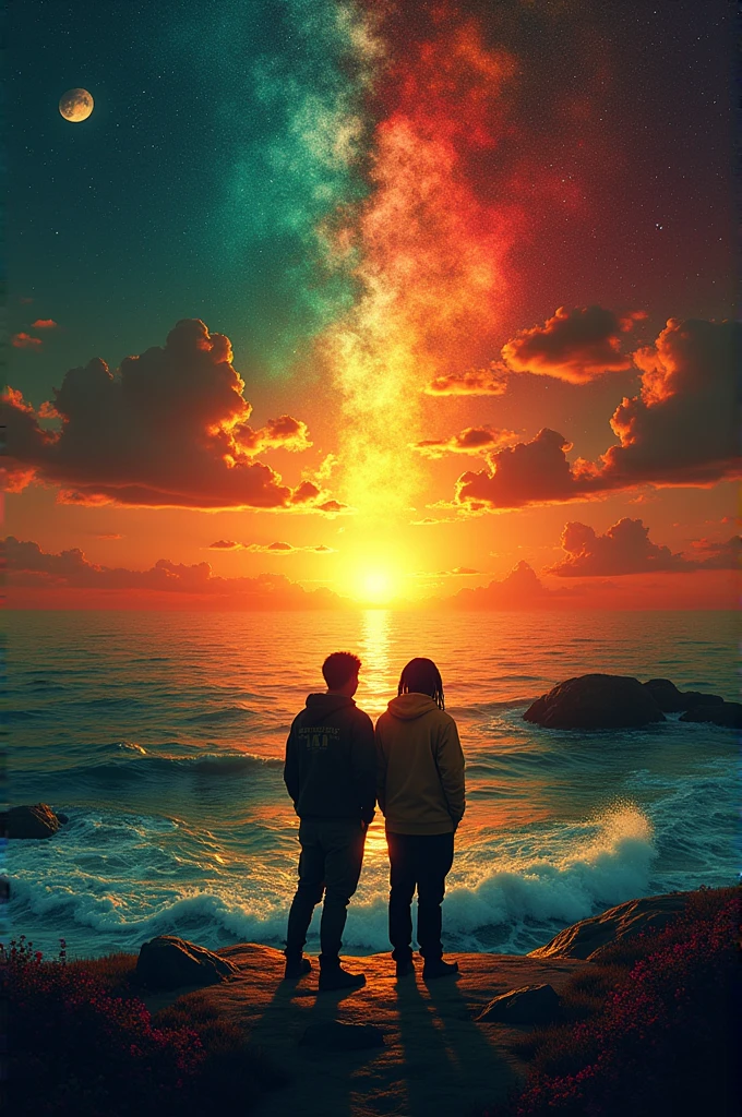 double contact,Oliver Morris double exposure photography style,Seaside couple,tropical garden,Colorful,vibrant with colors,a true,フォトリアリスティック,k hd,8K分辨率,tmasterpiece