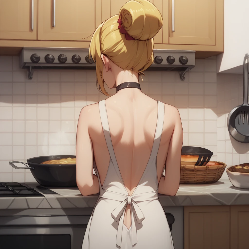 seika ijichi, black choker, simple apron, housewife, cooking, back view, long ponytail