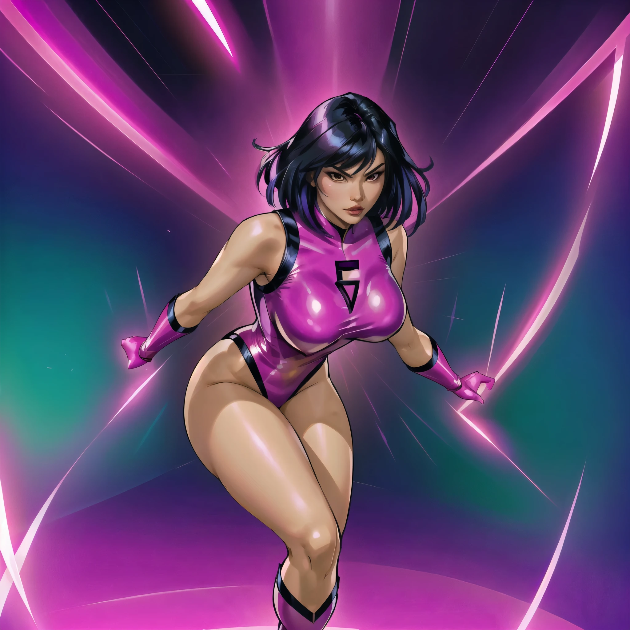 (solo) An asian female superhero with medium length black hair wearing a fuchsia latex costume with arms crossed passing through a pink shiny magic dimensional portal. Action pose. Comic book style. Thick inked outlines 