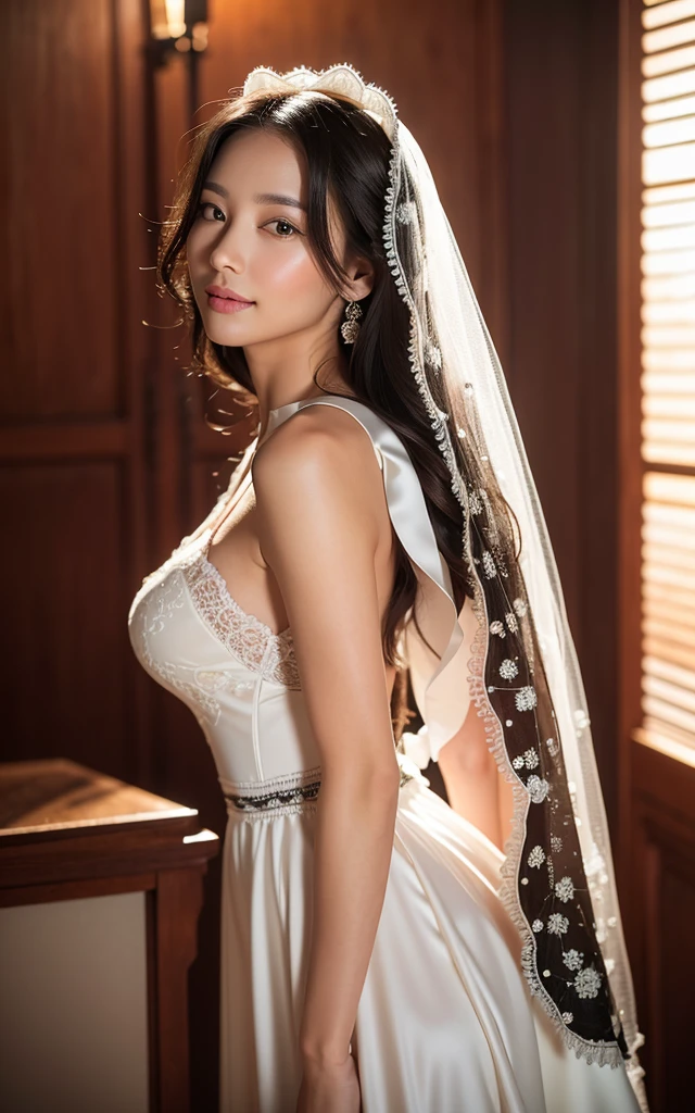 (Highest Quality:1.2),(masterpiece:1.2),(Masterpieces:1.2),(Mature Japan woman with perfect body:1.4),(cute little:1.4,a baby face、Beautiful skin),(very big bust:1.2),(Beautiful hips:1.5),(sexual excitement:1.3、A sexy:1.5),(Long hair),(Necklaces,耳Nipple Ring),((Midnight))、A Japanese Lady、in her 20s、Hot body、(Inside the Christian Church、hymn)、((weddingdress,The Woman Bound to the Cross:1.2))