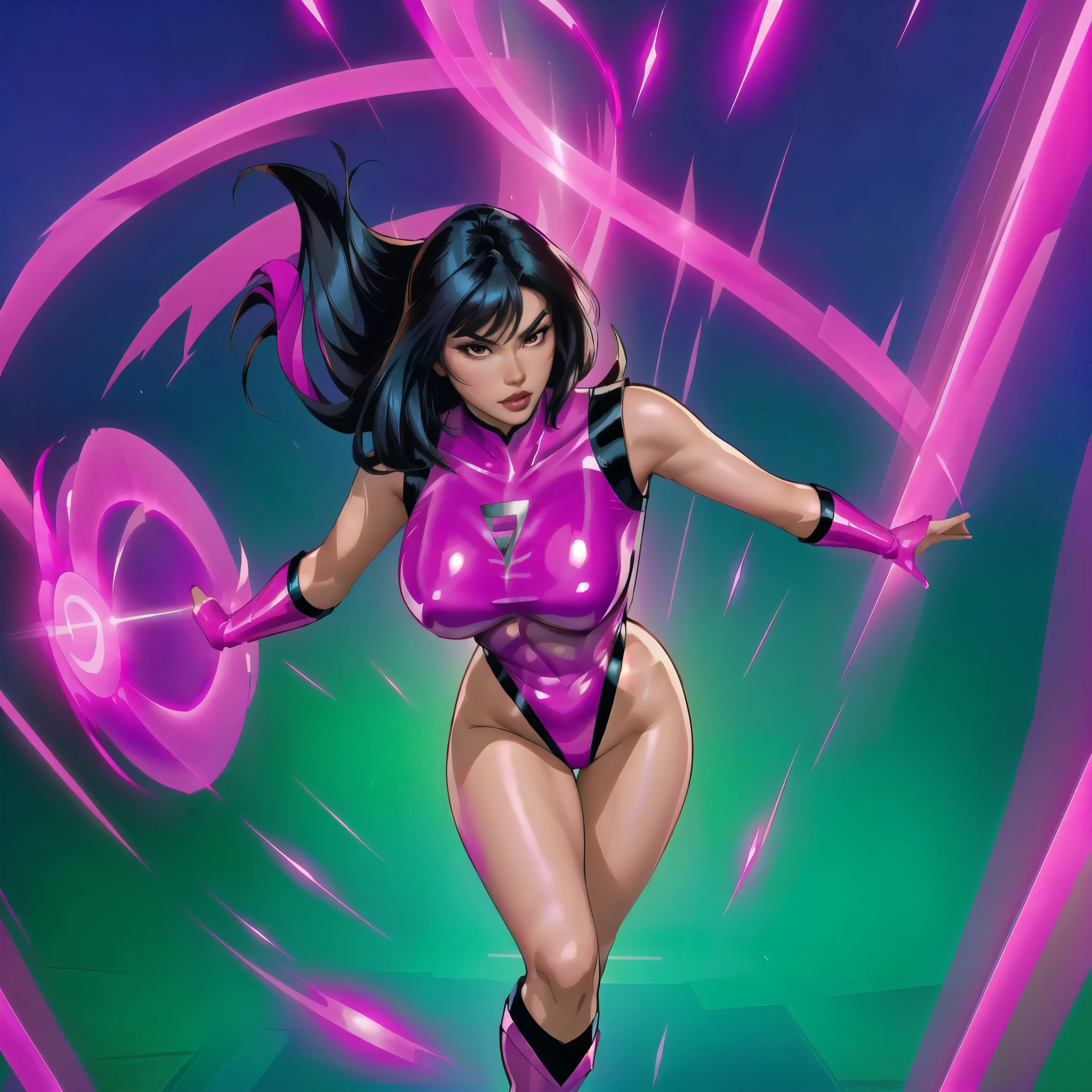 (solo) An asian female superhero with medium length black hair wearing a fuchsia latex costume with arms crossed passing through a pink shiny magic dimensional portal. Action pose. Comic book style. Thick inked outlines 