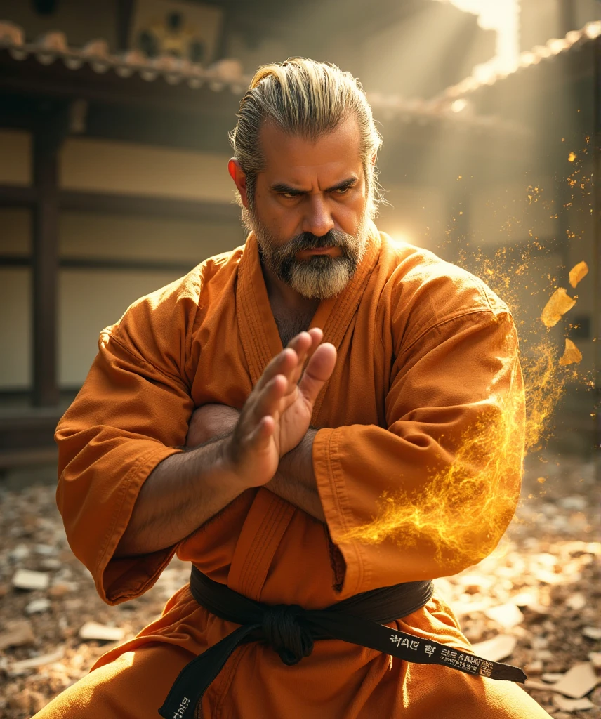  A hyperrealistic image of a man inspired by Ryo Sakazaki from The King of Fighters ,  captured on a medium plane that highlights his powerful physique and his attitude as a master of the art Kyokugenryu Karate.  His face is severe but serene ,  with a strong jaw ,  eyebrows furrowed in concentration and eyes that reflect the confidence of an experienced fighter .  His short blond hair is slightly disordered ,  showing his decisive and practical character .

 He wears his classic orange karate gi ,  with the fabric showing details of wear and slightly torn edges ,  sign of countless fights .  The black belt he wears tied is decorated with Japanese inscriptions that fighters symbolize his mastery . His hands,  strong and marked ,  are in combat position ,  while a faint golden aura begins to surround him ,  anticipating the use of his iconic attack  "Haoh Shoukou Ken ".

 The background is a ruined traditional dojo ,  illuminated by rays of sun that filter through the cracks of the destroyed walls .  Fragments of wood and paper float in the air ,  while the energy of his technique seems to vibrate the space around him . } The warm lighting highlights your outfit and musculature ,  showing strength ,  discipline and passion of a who embodies the spirit of karate .