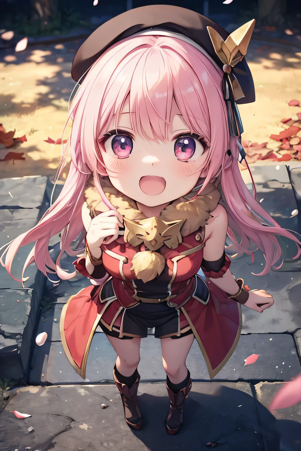 happy girl ( showing teeth), standing, combat pose,  pink hair color,  mmorpg background ,  mmorpg background (A stranger), complete anatomy,   graphic effects ,  ornament of a flower-shaped accessory on the head, aura, white beret, height 159 cm  ( 5 feet 3 inches ),  summoning circle, Castea skill Land Protector( ragnarok online ), Blue Fire Force +vapor,  fire around, strong breeze ,  sakura petals and leaves, primera persona, blush,  looking at the spectator, Charm, Pausa de toque ciego  looking at the spectator,  very detailed face , 8K, light and shadow effect.  Masterpiece,  The Best Quality , fullbody, Chibi, , (change:1.2), Nendoroide, PVC models 