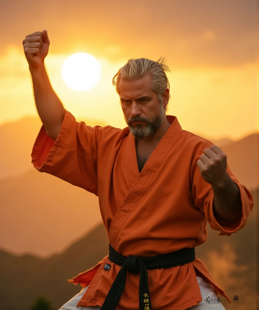  A hyperrealistic image of a man inspired by Ryo Sakazaki from The King of Fighters ,  captured as a medium plane that highlights his physical strength and determination Master of Kyokugenryu Karate.  His face is marked and manly ,  with a concentrated and serious expression ,  reflecting the mentality of a disciplined fighter .  His short blond hair is carefully disheveled ,  adding a dynamic and natural touch to his appearance .

 He wears his iconic orange karate gi ,  noticeably frayed and torn at the edges ,  with a black belt tied tightly around his waist ,  embroidered with kanjis that represent his dedication to the martial art .  His posture is firm , with both arms raised ,  charging the light energy of its characteristic  "Haoh Shoukou Ken ,"  that illuminates his figure with an intense golden glow .

 The background is an outdoor training ground on the top of a mountain ,  with a sunset sky dyed in orange and red tones .  The wind raises dust and leaves ,  and the distant mountains blur in the fog ,  highlighting its connection with tradition y nature .  The lighting enhances the details on his face and the texturing of his clothes ,  encapsulating the essence of a fighter who is both a master and a warrior .