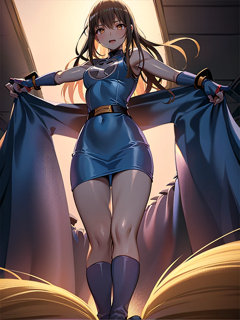 One girl, Medium chest, leotard, barefoot, Tight belt, boots, matching boots, gloves, Urban Background, alone, single, Full Body Shot, Superhero, Beautiful attention to detail, Mature Woman, Star symbol on chest, Brown Hair, high leg leotard, Rotate in place at high speed like a tornado, The wind swirled, Rapid rotation, Girl spinning tornado, Girl caught in a whirlwind, Outstretched arms, Are standing, Time Warp