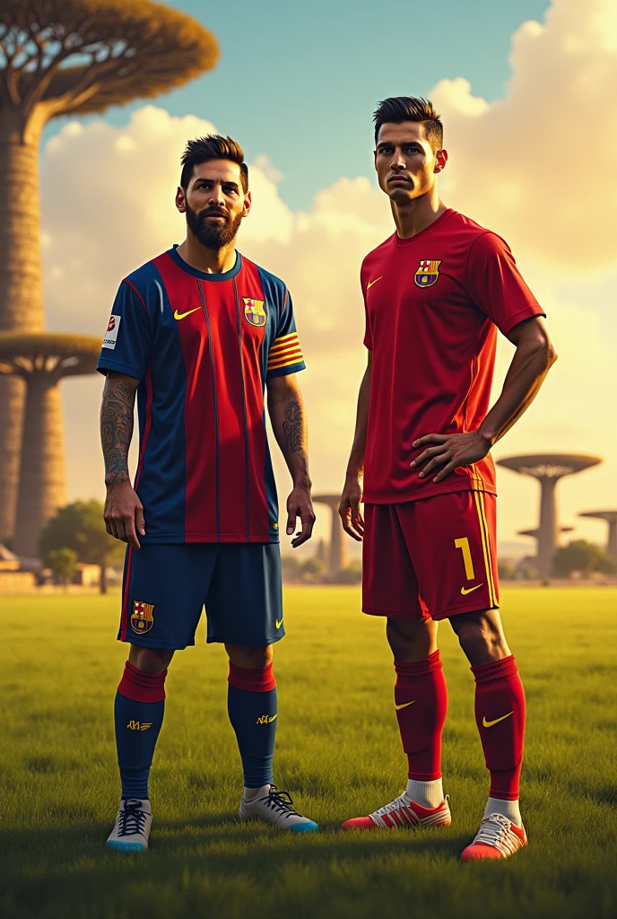 Messi as king of roman empire wearing Barcelona Jersey with madrid players bowing down to him