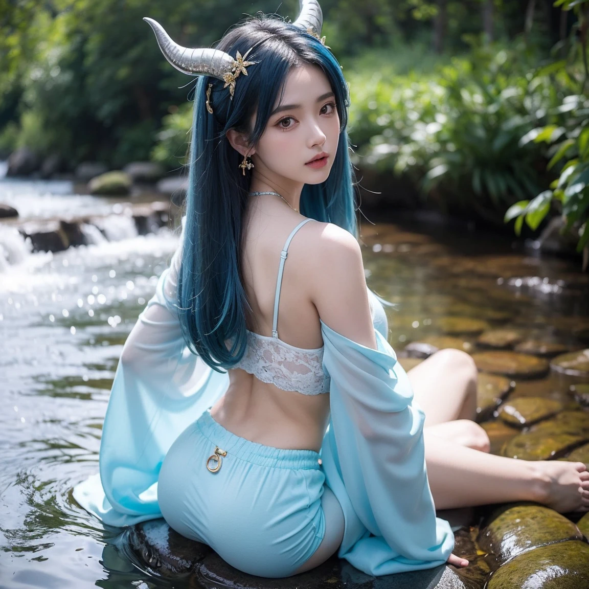 A girl, japanese race, blue eyes, two long black horns on her head, blue hair down to her chest, blue wings, pointed elf-like ears with smalls earrings, a septum ring piercing, and a tail., swimsuit, jumping , real photo style.