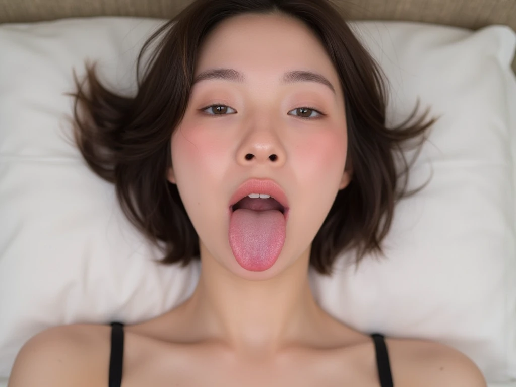 4K、Realistic depiction、beautiful image quality、look at me, look at viewer, Korean、beautiful girl、16-year-old、Female university student、mouth、Baby Face、Mainly draw the mouth large.、((mouth as the main part of the screen)).、Look Up、(((Wide open mouth)))、tongue out、((Short tongue))、((Get your tongue out of your mouth))、((You can see inside the mouth、Please open your mouth and show me your throat))、Throat is visible、((You can see inside the mouth))、Slimy tongue、Plenty of saliva、beautiful tongue、Dirty tongue、Smelly tongue、Short Hair, ((Eyes close)),Eye close. ((Open mouth and see throat hole))
((Wearing black G-string))..  (((one eye close))) ((( lay down on bed )))

sexy dress, medium chest,slim, open chest, nipples shown out of the dress.