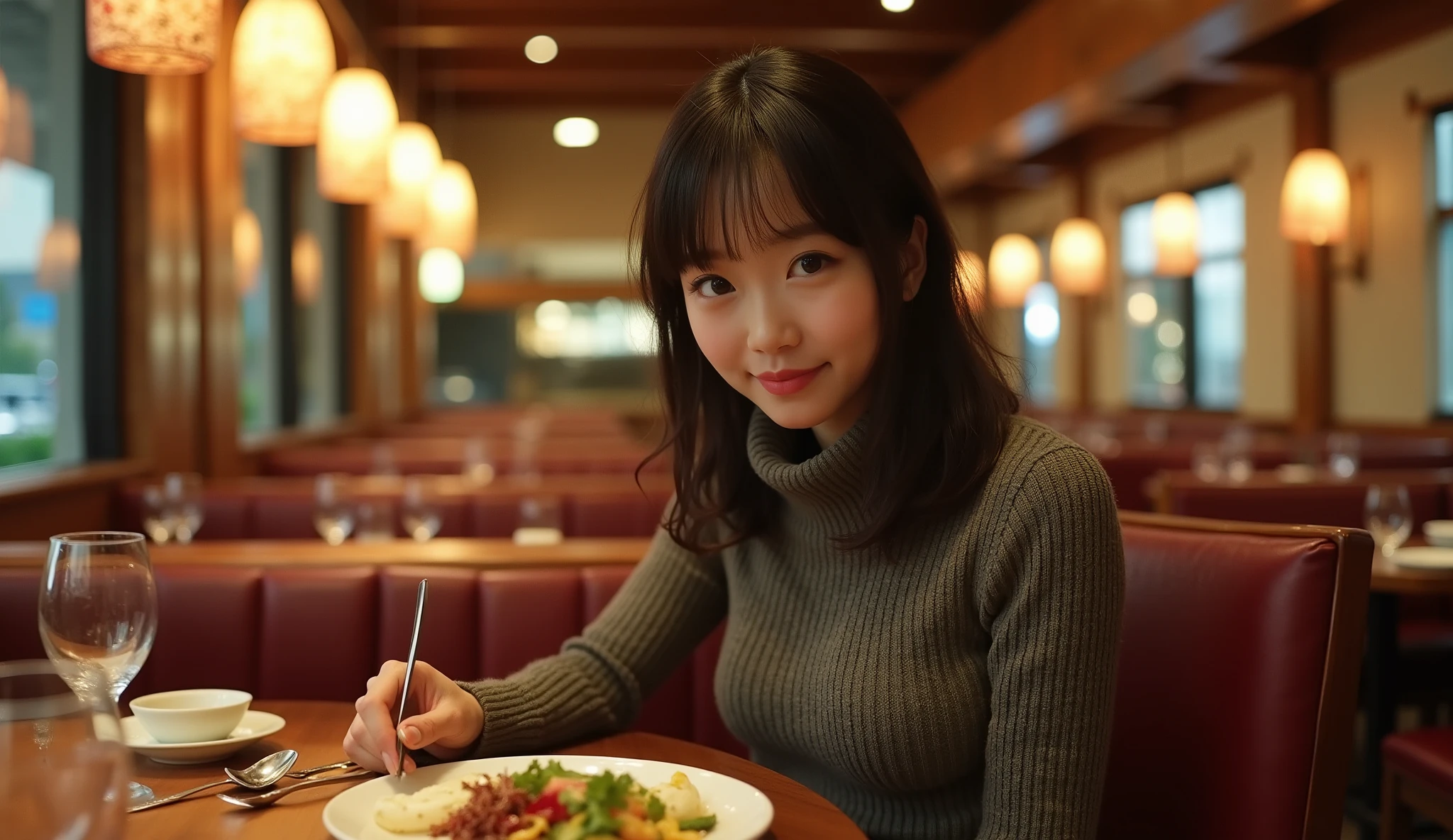 This is a single photo,A 30-year-old Hsinchu beauty with long hair dines at a restaurant table,Wearing sexy casual clothes。