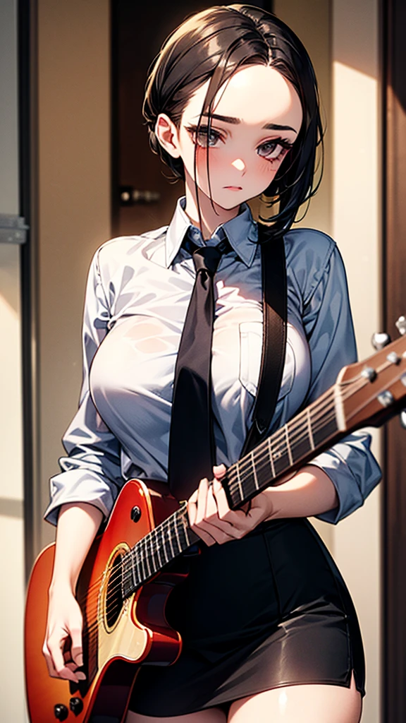 ((masterpiece, highest quality))One girl, alone, Black Dress, blue eyes, electric guitar, guitar, Headphones, Double Ponytail, Holding, Holding plectrum, musical instrument, Long Hair, music, One side up, Turquoise Hair, Twin tails, guitarを弾く, Pleated skirt, Black Shirt, interior