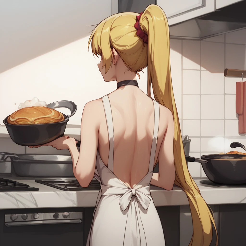 seika ijichi, black choker, simple apron, housewife, cooking, back view, long ponytail