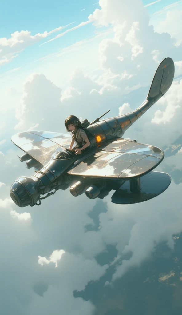 steampunk、Wide View、Flying in the sky、(((蒸気機関で飛行するトンボ型機体、 hardened plastic canopy、Extremely simple construction、water vaporの内燃機関、water vapor、Small single-seater airplane :1.7、 very smooth fuselage、Flapter )))、 dragonfly aircraft flying on a steam engine with a girl sitting at the pilot 、goggles、