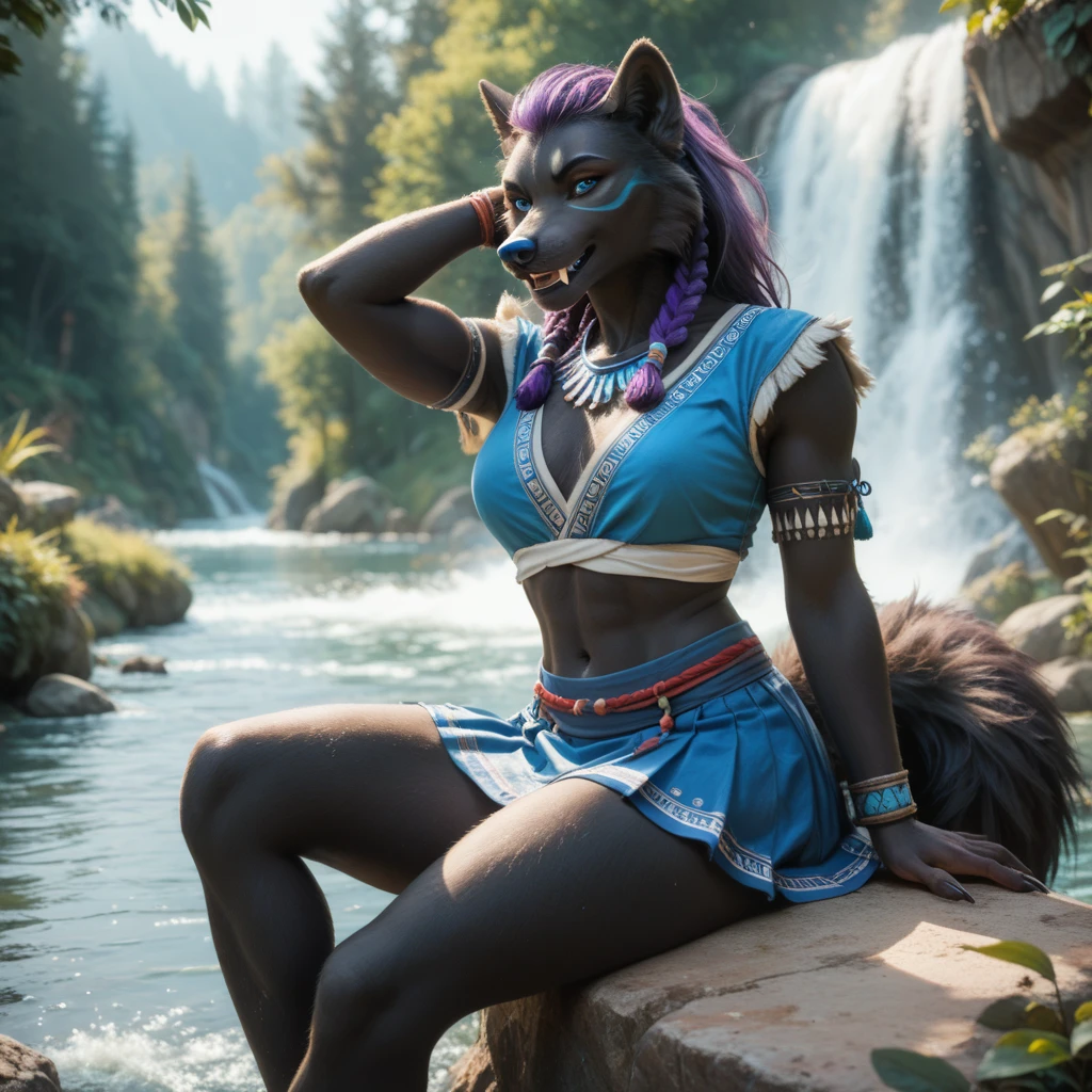 furry art_ sexy_alluring_wild wolf _black fur_ skirts_ slim figure _bigger thighs_ fluffy tail _sharp claws_ detailed face_cunning_fangs_ purple hair _ blue eyes _blue nose _blue lips_tribe clothes _tribe clothes sitting by the river .