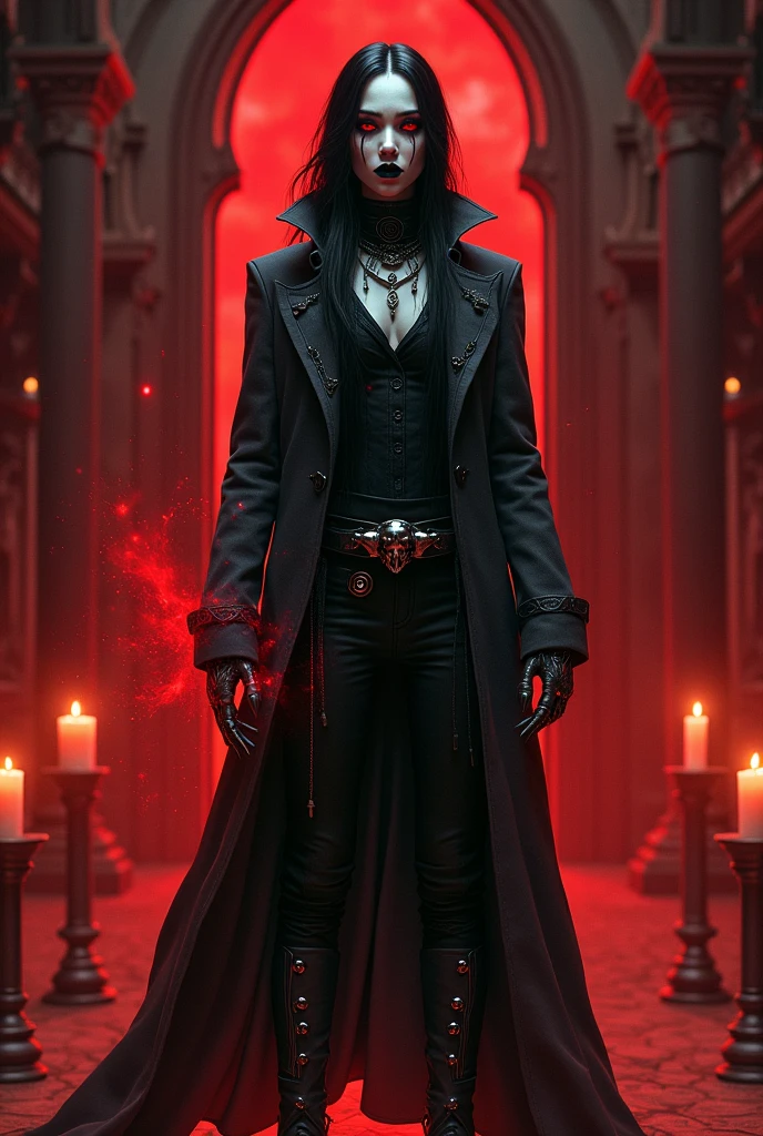  black and white hair vampire teeth red eyes black and red shirt sword on the back 

