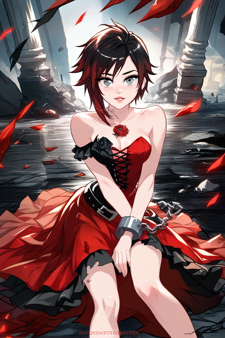 Ruby Rose, Ruby Rose,  corto,  Black hair, redhead, (grey eyes:1.5),
Break dress, shackles, layer,
Break looking at viewer,
Break outdoors,
Break ( Masterpiece:1.2), Of the highest quality, high resolution, 8k unit wallpaper, (form:0.8), ( Fine and beautiful eyes :1.6),  very detailed face, perfect lighting, Highly detailed CG, (manos perfectas, perfect anatomy),