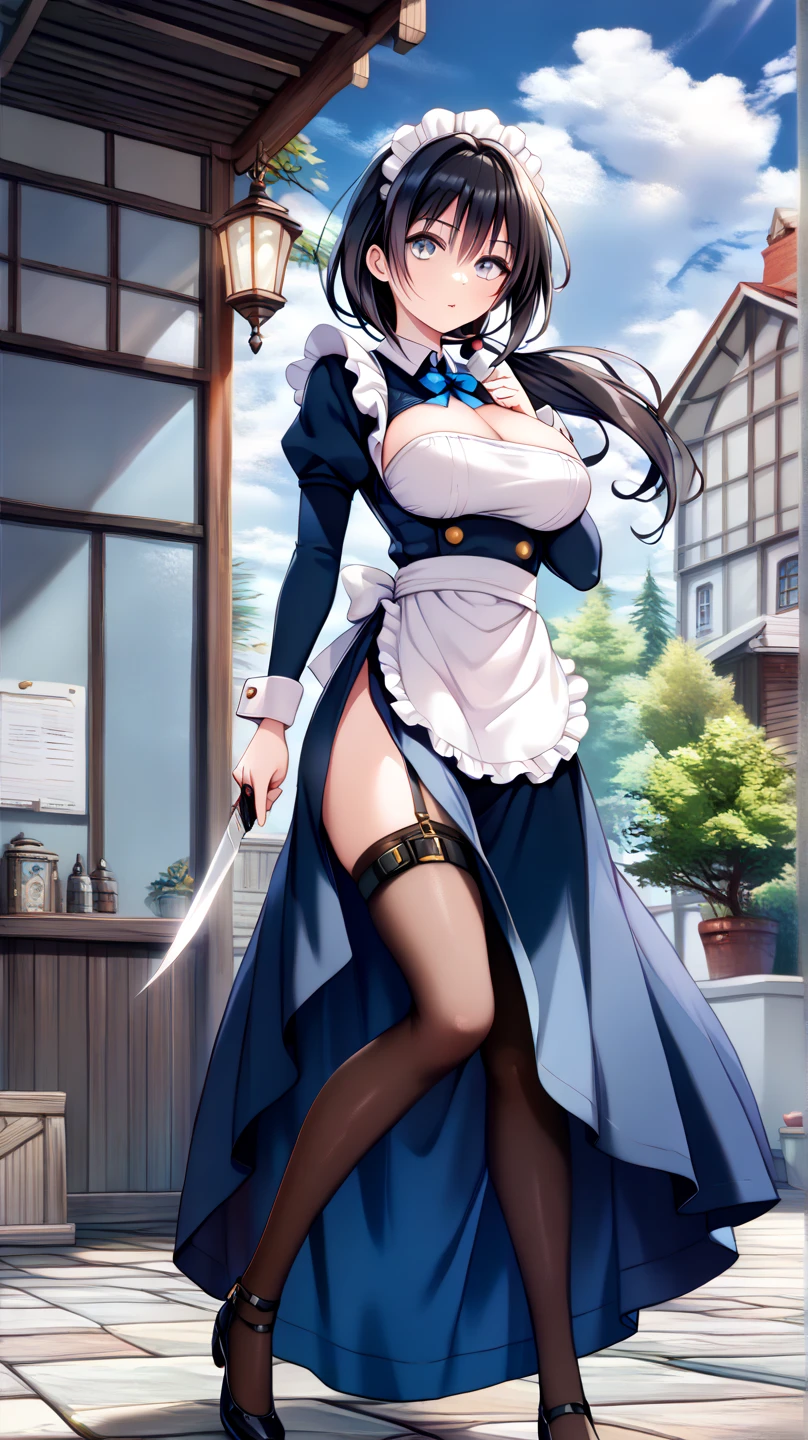  Masterpiece, One Assassin, Maid Chief ,　Short sword in hand :1.5 ,(( navy blue fabric accented with white fabric on the collar and hem, making it plain and less revealing:1.4)),(( tight long skirt with slits :1.4)), Long Sleeve ,White salon apron ,(( black garter belt and black knee-high tights:1.2)),Height: 170cm, beautiful body line ,Big Breasts,(( black hair, low ponytail:1.4)),, Beautiful, and Cool Faced Woman with Light Purple Eyes, beautiful model standing, viewed from oblique front,((leg knife holster visible through the slit:1.4))