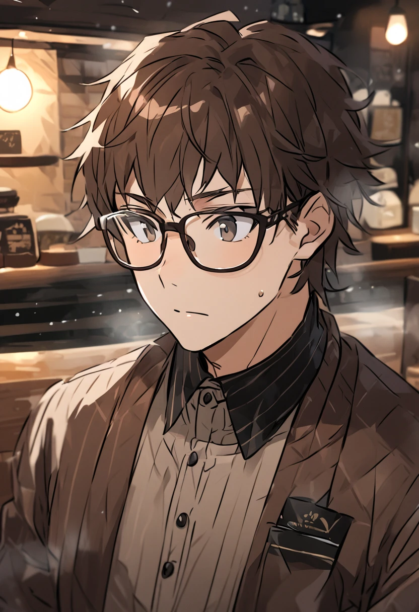 Age 23，male，     brown hair  ，     upper body，     focus on the face     ，winter，Glasses，  coffee shop ，  waiter，Cafe Staff