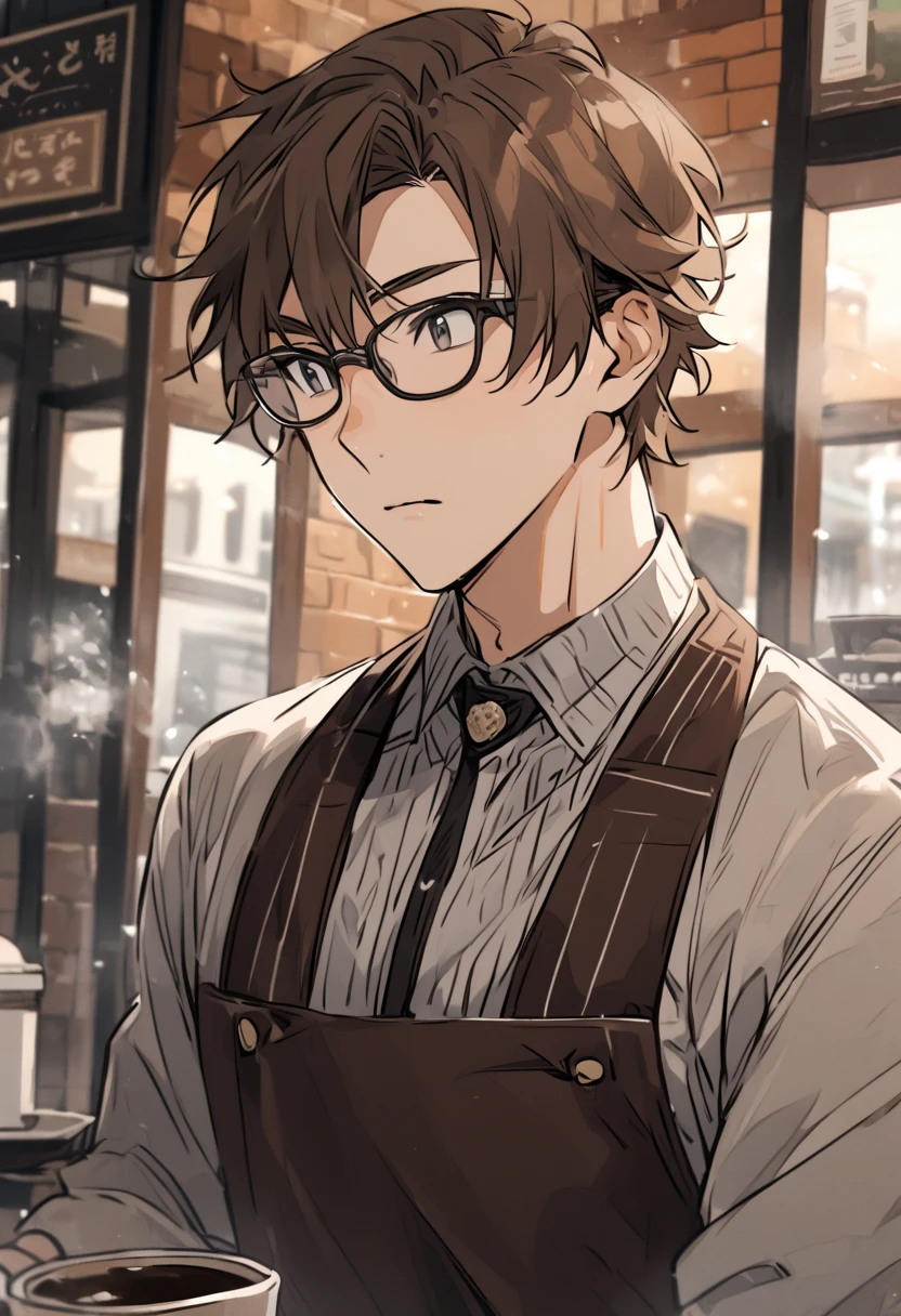 Age 23，male，     brown hair  ，     upper body，     focus on the face     ，winter，Glasses，  coffee shop ，  waiter，Cafe Staff