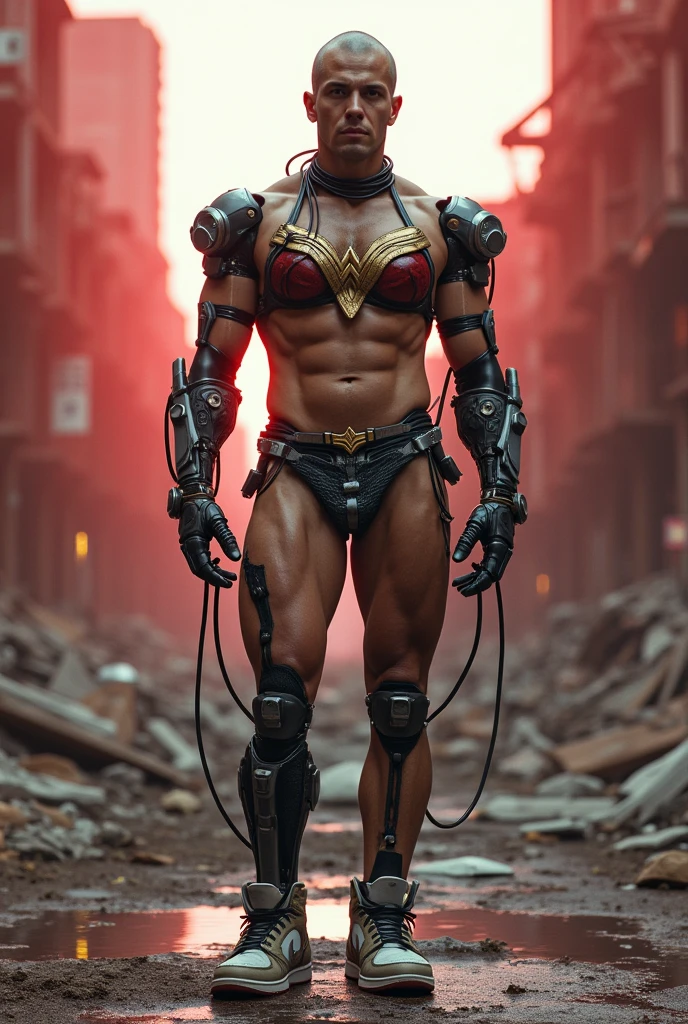 male, (muscular, full nude, only Glowing cyberpunk future helmet, only harness, Chastity belt, covered semen,) realistic, human skinned, spread legs, big huge bulge,