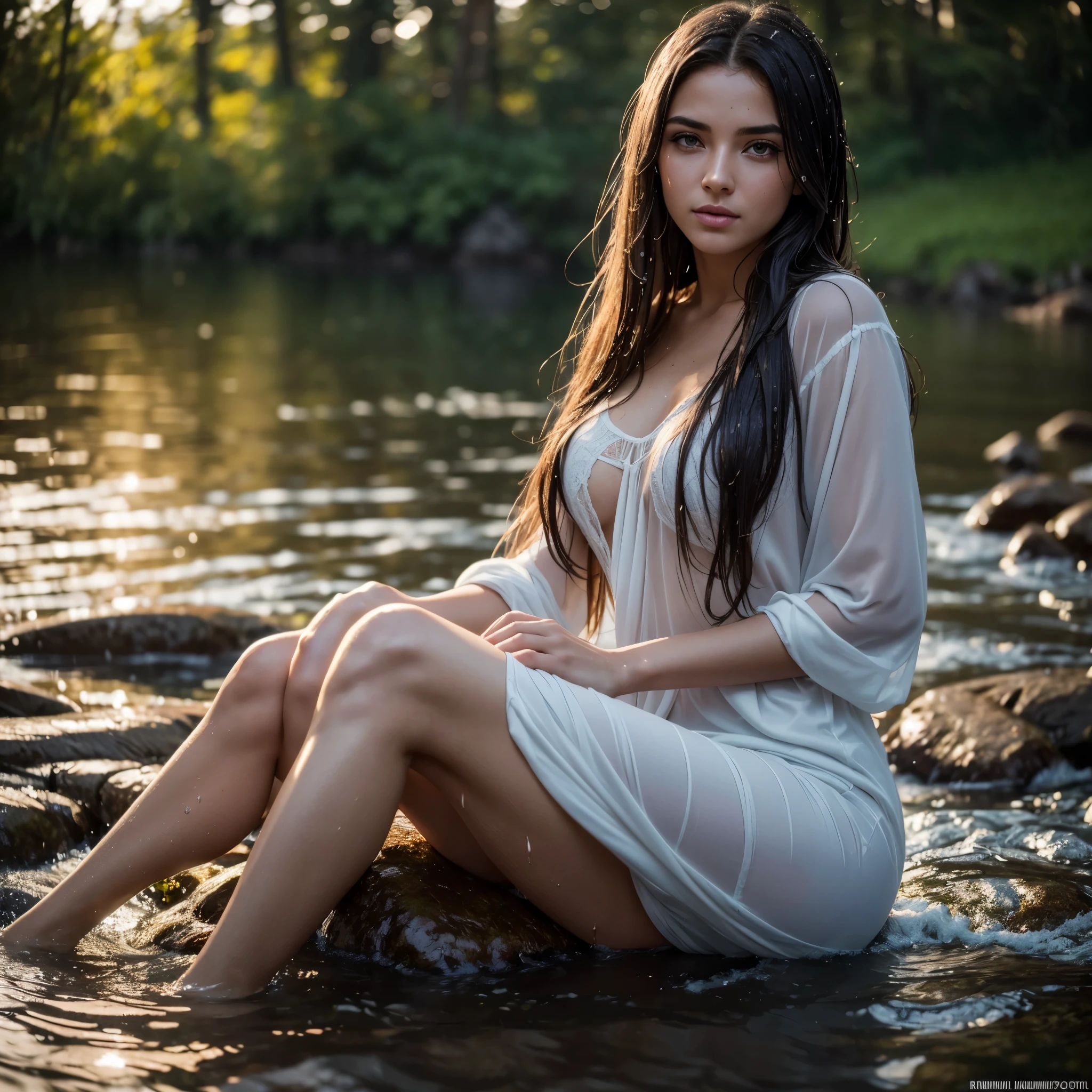 a beautiful 20 yo girl sitting on the water, long flowing hair, serene expression, soaking wet, wet clothing, wet hair, soft light, calm lake, (best quality,4k,8k,highres,masterpiece:1.2),ultra-detailed,(realistic,photorealistic,photo-realistic:1.37),HDR,UHD,studio lighting,ultra-fine painting,sharp focus,physically-based rendering,extreme detail description,professional,vivid colors,bokeh,portrait,cinematic lighting,natural scenery,soft focus