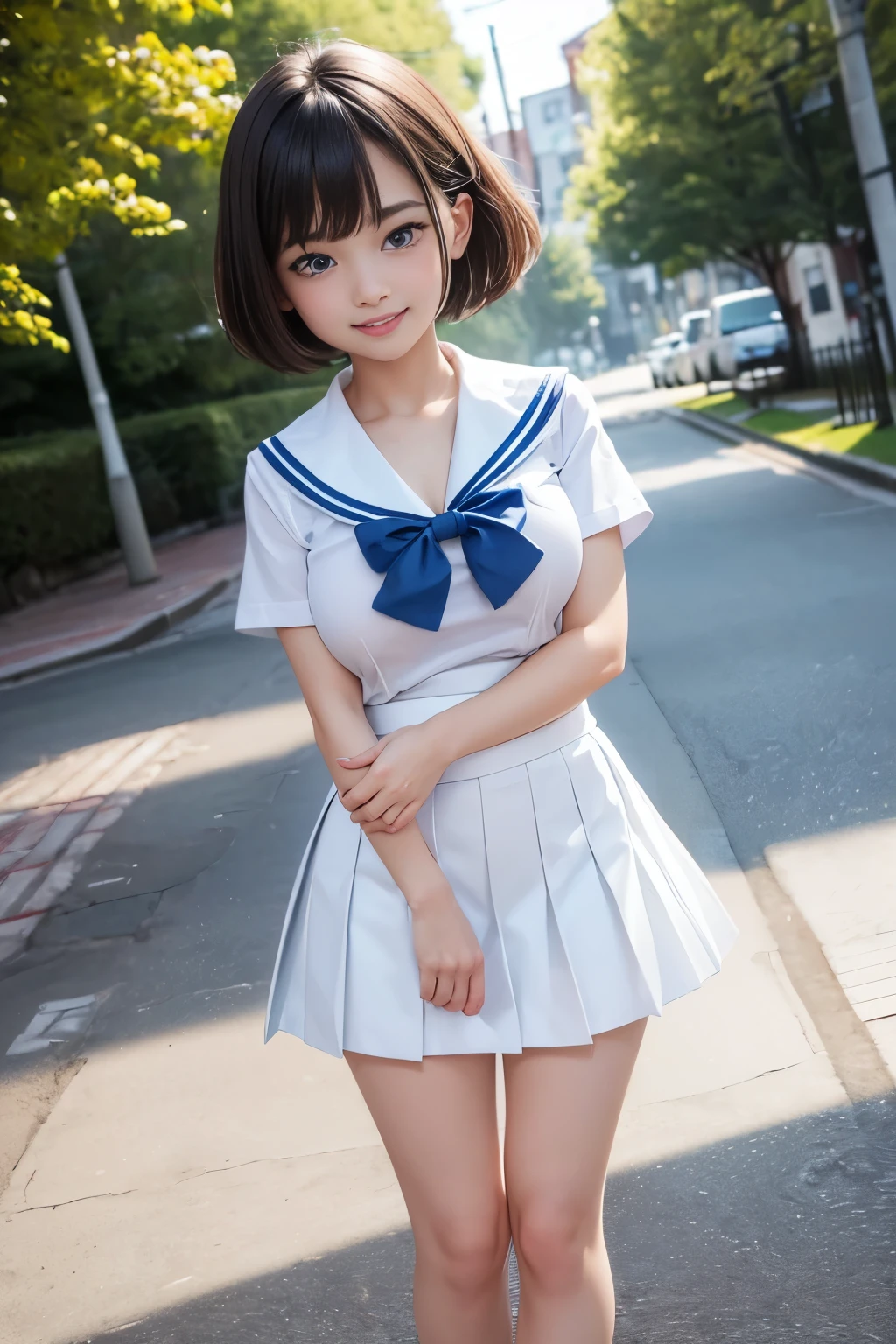 Best quality, full body focus, perfect face, soft light, ultra high res, 8k, Masterpiece, , , view the viewer, full body , Front view, (1girl), , Cute face, (blue eys:1.5), (brown very short hair), beautiful medium breasts, , Beautiful boob, Beautiful finger, Beautiful hands, Beautiful arms, Beautiful feet, Beautiful legs, (high resolution detail of human skin texture) , ((white short sleeves sailor uniform, white pleated skirt, bare legs, white pin heels)), , Park,, , (( standing, , smiling, nose blush) , (sheer:0.3)shirt, ,)) , ,score_9, solo, no bra, no panties, ,