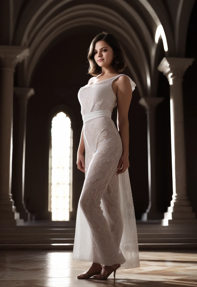 selenag woman, brown hair, brown eyes, full body, white toga in roman ruins, masterpiece, dramatic lighting, detailed background, (depth of field), Selena Gomez