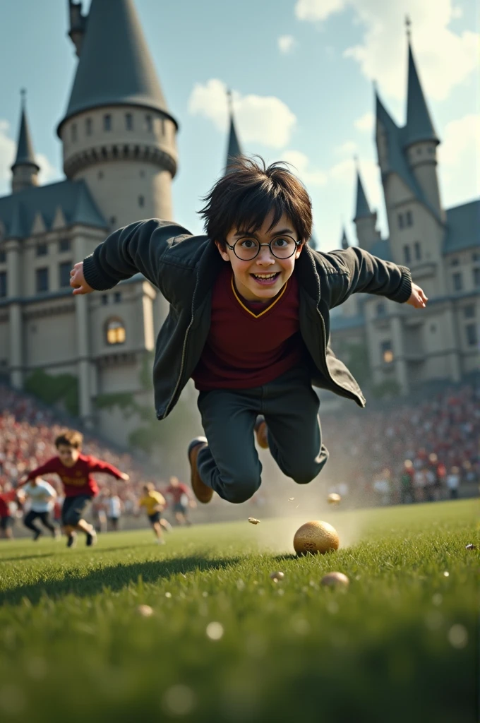 Harry Potter riding nimbus 2000 broom stick and trying to catch the snitch
Snitch is a small golden ball with golden wings 
