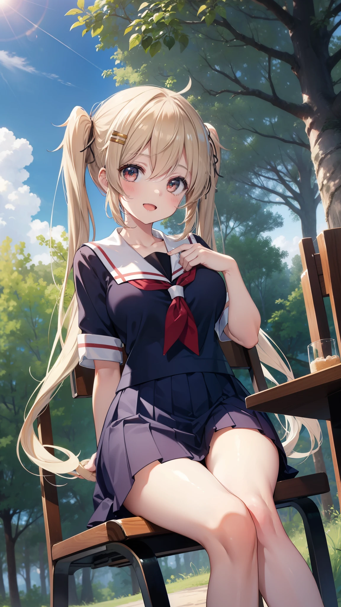 Open mouth, a milf,Shiny body, Shiny skin,twintail,school uniform, ,Shiny skin,,,twintail,hair clips,sitting on chair,forest,tree,,outdoor,blue sky,smile,.