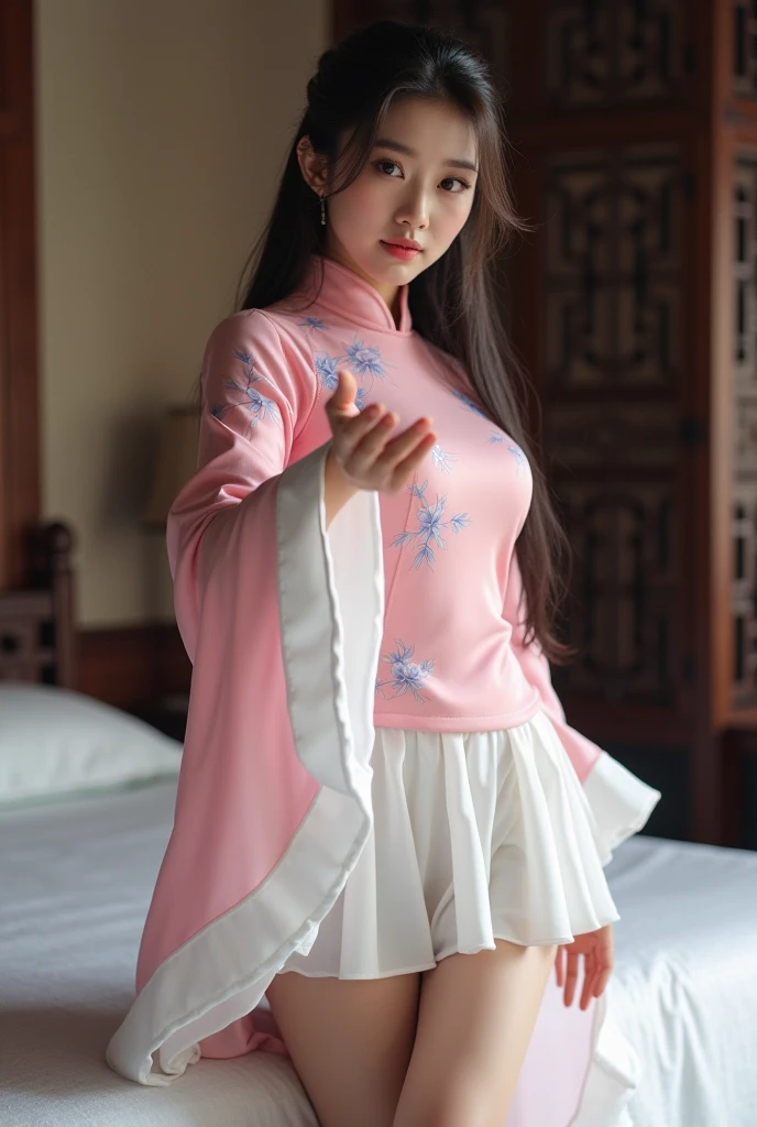 China Princess (儀modeで妊娠させられる) Pregnant women blush Functional Shiny red long sleeve royal dress hanbok milking Mother Breast milk child mode She is having sex in the missionary position on the futon