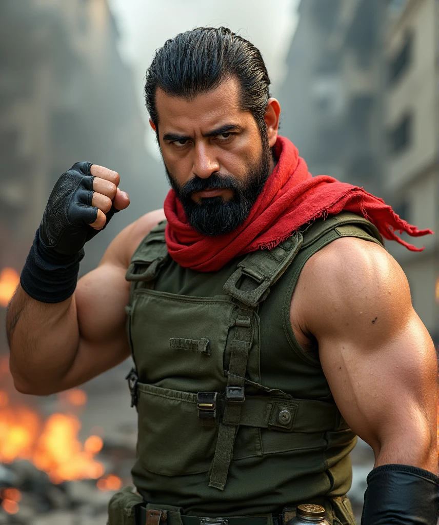  A hyperrealistic image of a man inspired by Ralf Jones from The King of Fighters ,  captured on a medium plane that highlights his impressive musculature and explosive energy like an elite soldier on the battlefield. His face is strong and determined ,  with a square jaw and an expression full of confidence and determination .  His brown eyes have an intense shine ,  while a slight challenging smile suggests his fearless nature .  His short brown hair is slightly disheveled ,  adding a dynamic and practical air .

 He wears his iconic military outfit ,  modernized for a realistic style :  a sleeveless olive green t-shirt that reveals his muscular arms ,  partially covered by a reinforced tactical vest with multiple pockets and straps .  He wears a red scarf tied around his head , slightly worn,  and black fingerless gloves that show signs of combat use .  His belt is equipped with ammunition and grenades ,  underlining his role as a versatile warrior on the battlefield .

 The background is a scene of urban war , with ruined buildings,  black smoke rising to the sky and flames reflected in his figure .  He is in an aggressive pose ,  a raised fist shrouded in a faint aura of red energy ,  ready to execute his characteristic attack  "Galactica Phantom ."  The lighting is dramatic ,  highlighting the texture of his clothes ,  the scars on his skin and his imposing presence as a soldier who faces any challenge with brute force and courage .






