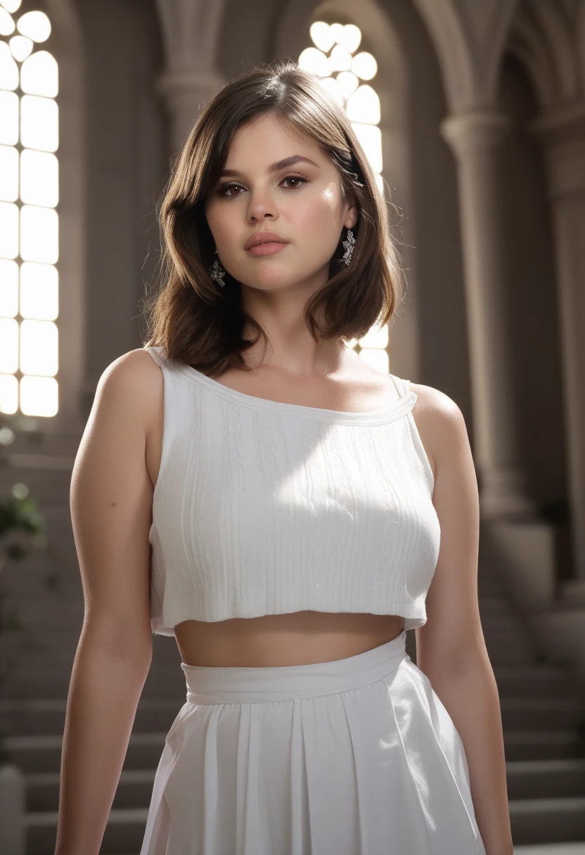 selenag woman, brown hair, brown eyes, white toga in roman ruins, masterpiece, dramatic lighting, detailed background, (depth of field), Selena Gomez