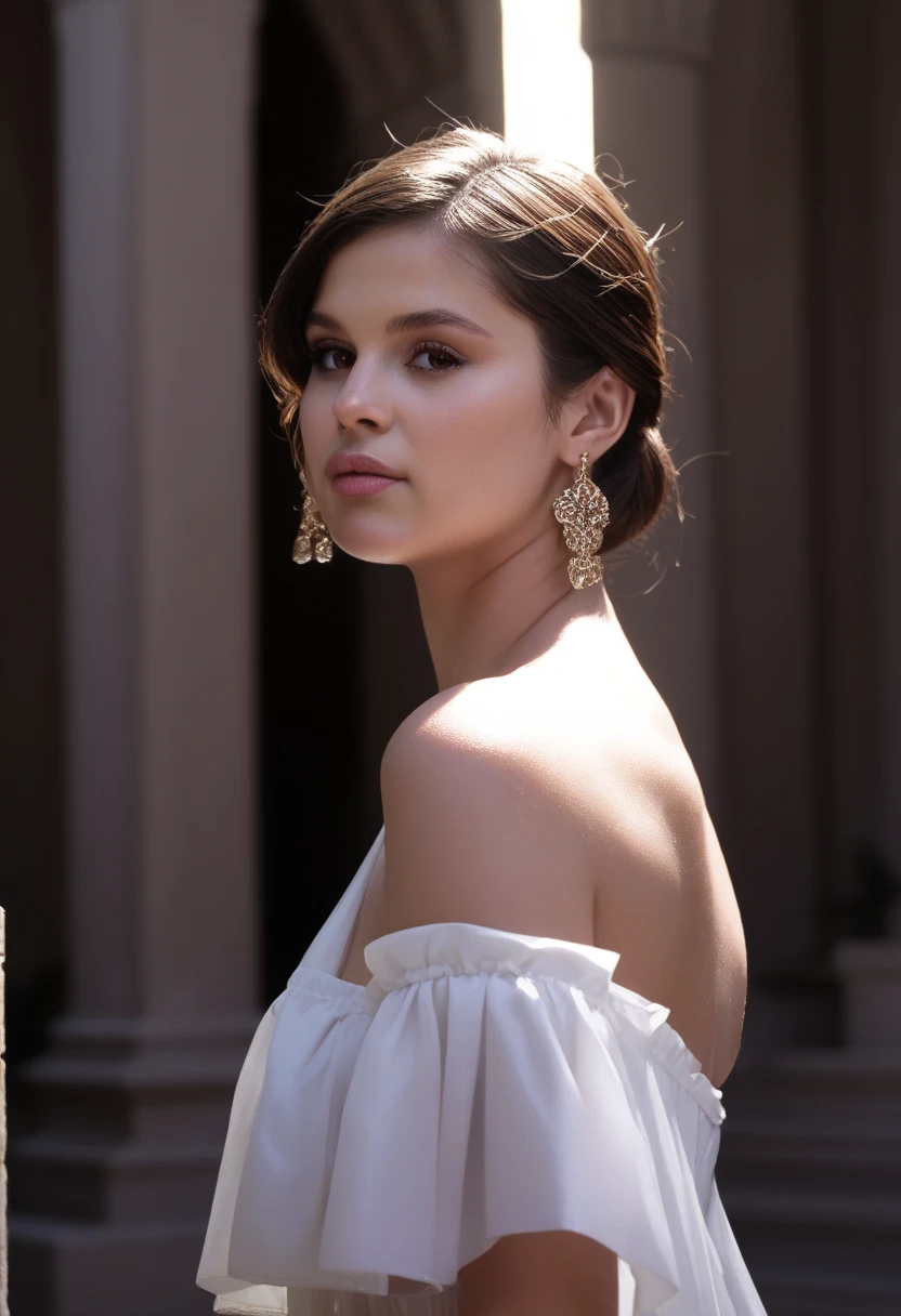 selenag woman, brown hair, brown eyes, white toga in roman ruins, masterpiece, dramatic lighting, detailed background, (depth of field), Selena Gomez