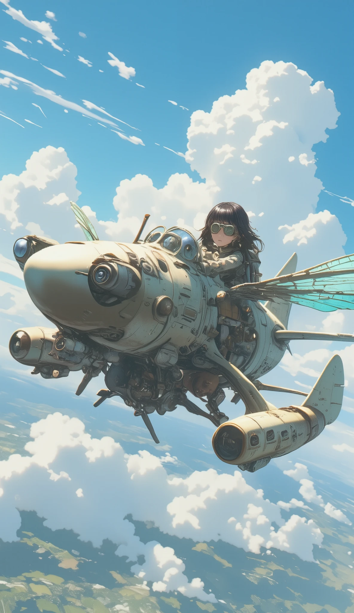 steampunk、Wide View、Flying in the sky、((( dragonfly flying with steam engine、oval aircraft 、 hardened plastic canopy、Extremely simple construction、Internal combustion engine、water vapor、Small single-seater airplane :1.7、 very smooth fuselage、Flapter )))、 analog instrument cockpit、 girl pilot 、goggles、