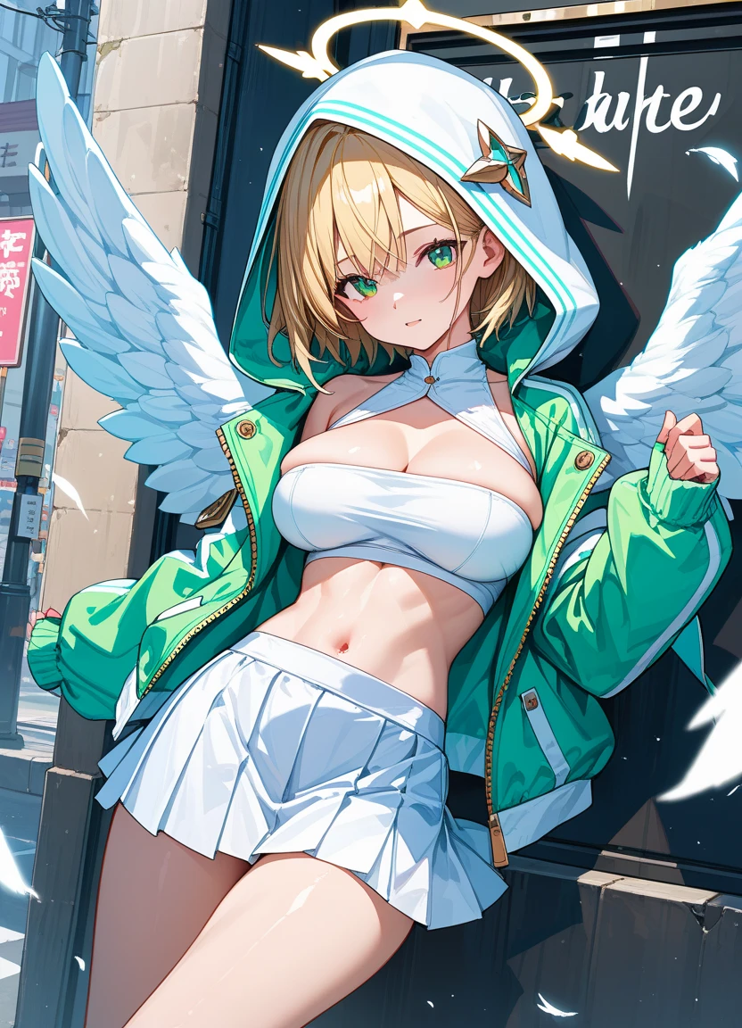 Girl, wings, short white hair, yellow eyes, medium-sized breasts, pink bra, exposed stomach, short pants