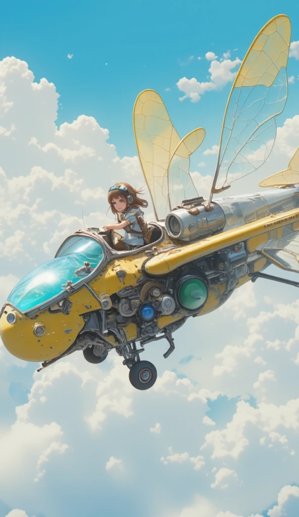  steampunk、Wide View、Flying in the sky、((( dragonfly flying on a steam engine、Canopies made of hardened plastic、Extremely simple construction、Internal combustion engine、Aquarium、Fuel tank、Small single-seater airplane :1.7、 very smooth fuselage、Flapter )))、A girl sits at the pilot 、goggles、