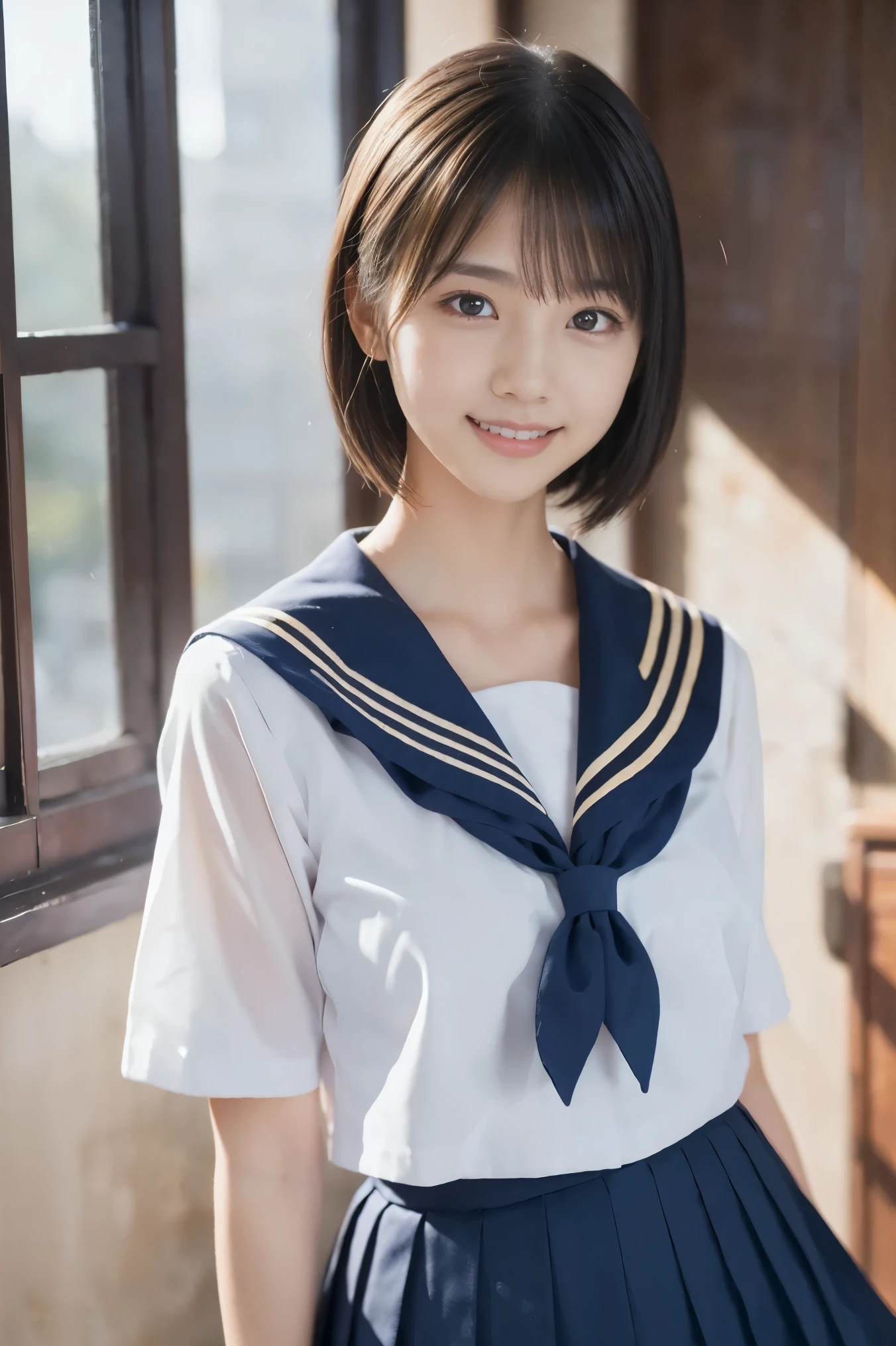  top quality, ８ｋ,   professional writing with one giant ,  beautiful girl,  , smile, (Super cute face like a popular idol:1.2), ( detailed face ,  white skin, light makeup, Young Face),  natural look , ( thin eyebrows),  black hair, (bangs,  short hair,  shiny hair), delicate, ( smaller breasts, ), (white sailor school uniform、 navy blue pleated skirt ),  bedroom, とても beautiful girl, upper body、 Portraits,